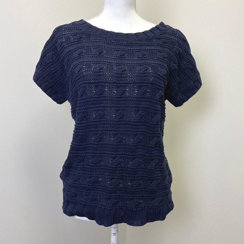 Massimo Dutti Navy Blue Extrafine Cotton Cable Knit Short Sleeve Sweater Large